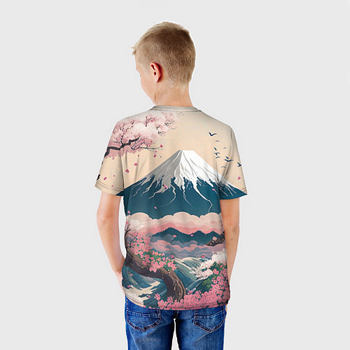 Детская футболка Японский пейзаж: цветение сакуры у горы Фудзияма / 3D-принт – фото 4
