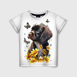 Детская футболка Черный щенок и жёлтые полевые цветы