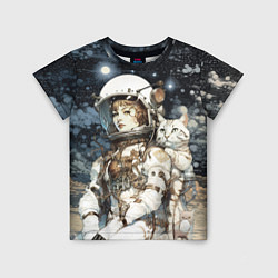 Детская футболка Девушка космонавт с белым котом