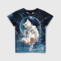 Детская футболка Белый кот космонавт в невесомости