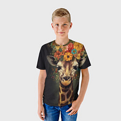 Футболка детская Портрет жирафа с цветами: арт нейросети, цвет: 3D-принт — фото 2