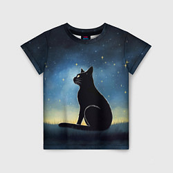 Детская футболка Черный кот и звезды - акварель