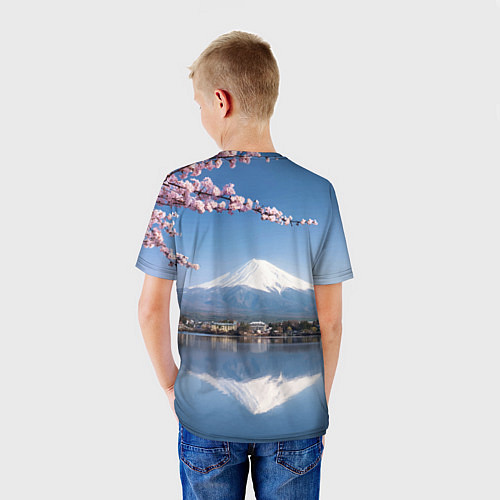 Детская футболка Цветущая сакура на фоне Фудзиямы - Япония / 3D-принт – фото 4