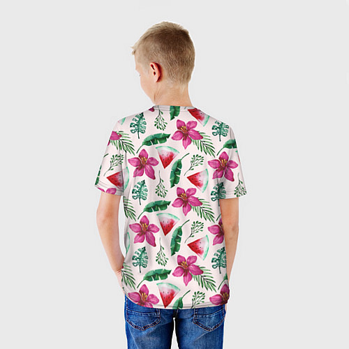 Детская футболка Арбузы, цветы и тропические листья / 3D-принт – фото 4