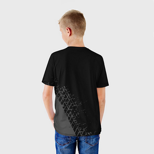 Детская футболка Mazda speed на темном фоне со следами шин: надпись / 3D-принт – фото 4