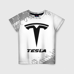 Детская футболка Tesla speed на светлом фоне со следами шин