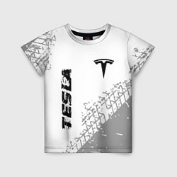 Детская футболка Tesla speed на светлом фоне со следами шин: надпис