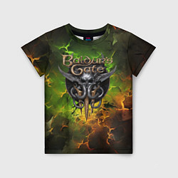 Детская футболка Baldurs Gate 3 logo dark green fire
