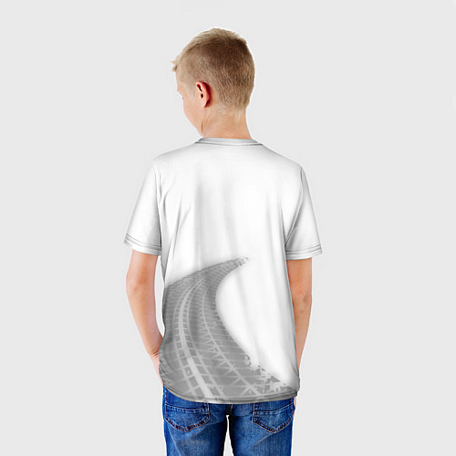 Детская футболка Skoda speed на светлом фоне со следами шин: надпис / 3D-принт – фото 4