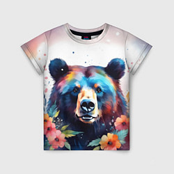 Детская футболка Портрет медведя гризли с цветами акварелью