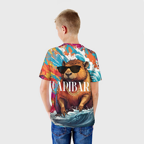 Детская футболка Капибара в очках на красочных волнах / 3D-принт – фото 4