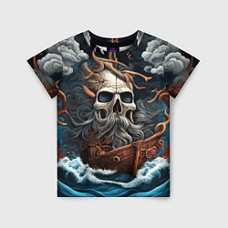Детская футболка Тату ирезуми черепа пирата на корабле в шторм