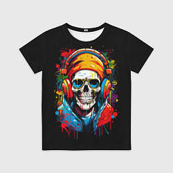 Футболка детская Яркий красочный череп в бандане и очках, цвет: 3D-принт