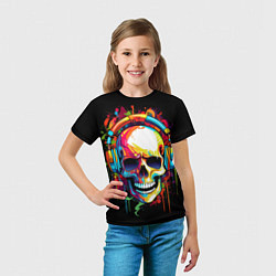 Футболка детская Яркий череп в наушниках нарисованный красками, цвет: 3D-принт — фото 2