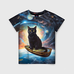 Детская футболка Черный кот на космическом корабле летящий в космос