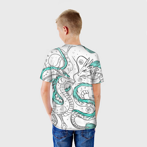 Детская футболка Дракон Хаку в стиле тату: белый и бирюзовый паттер / 3D-принт – фото 4