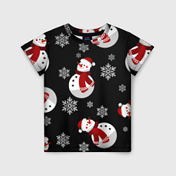 Детская футболка Снеговички в зимних шапочках со снежинками
