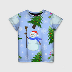 Детская футболка Снеговики с новогодними елками паттерн