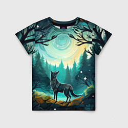 Детская футболка Волк в ночном лесу фолк-арт