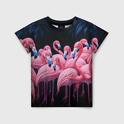 Детская футболка Стая розовых фламинго в темноте