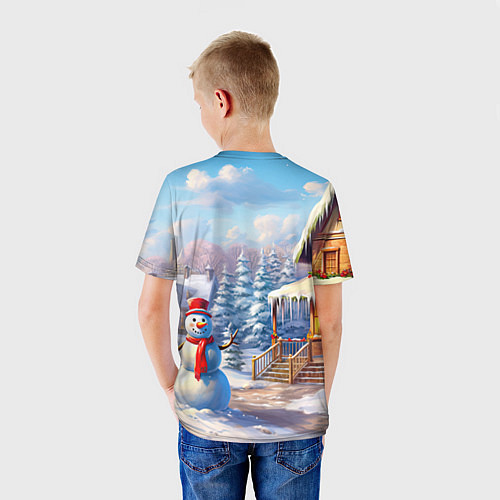 Детская футболка Новогодняя деревня и снеговик / 3D-принт – фото 4