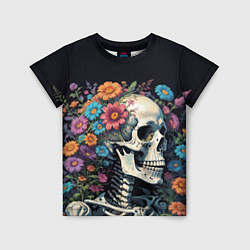 Детская футболка Улыбающийся скелет среди цветов