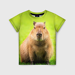 Детская футболка Capybara on green grass