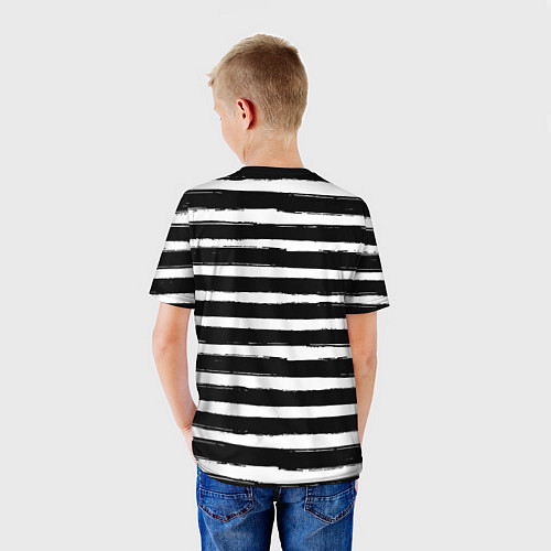 Детская футболка Черно белый портрет девушки на полосатом / 3D-принт – фото 4