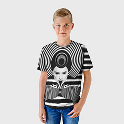 Футболка детская Черно белый портрет девушки на полосатом, цвет: 3D-принт — фото 2
