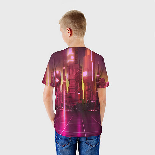 Детская футболка Губка Боб с пистолетом в неоновом городе / 3D-принт – фото 4