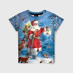 Детская футболка Дед Мороз в лесу с животными