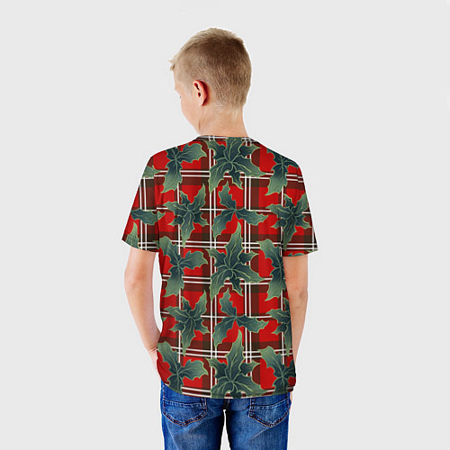 Детская футболка Листья остролиста на красной шотландке / 3D-принт – фото 4