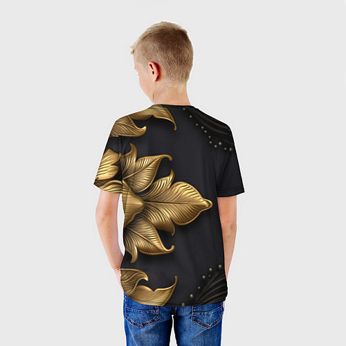 Детская футболка Золотые объемные листья на черном фоне / 3D-принт – фото 4