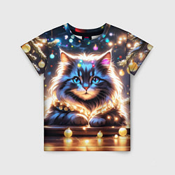Детская футболка Кот с гирляндой среди новогодних украшений