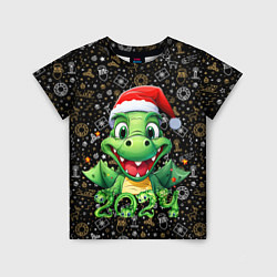 Детская футболка Зеленый дракон на черном фоне 2024