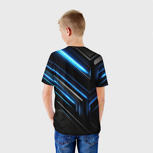 Детская футболка Черный абстрактный фон и синие неоновые вставки / 3D-принт – фото 4