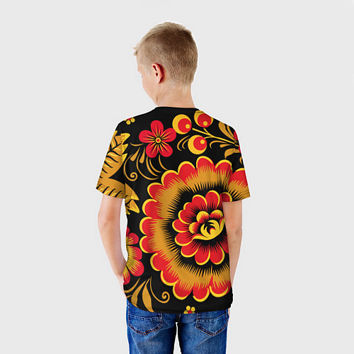Детская футболка Хохломская роспись красно-жёлтые цветы на чёрном ф / 3D-принт – фото 4