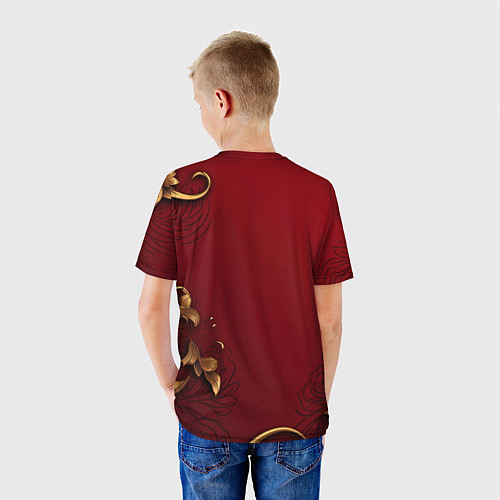 Детская футболка Узоры золотые на красном фоне / 3D-принт – фото 4