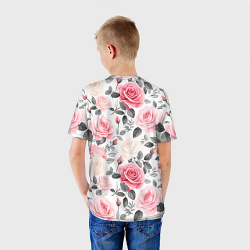 Детская футболка Розовые розы и серые листочки - паттерн / 3D-принт – фото 4