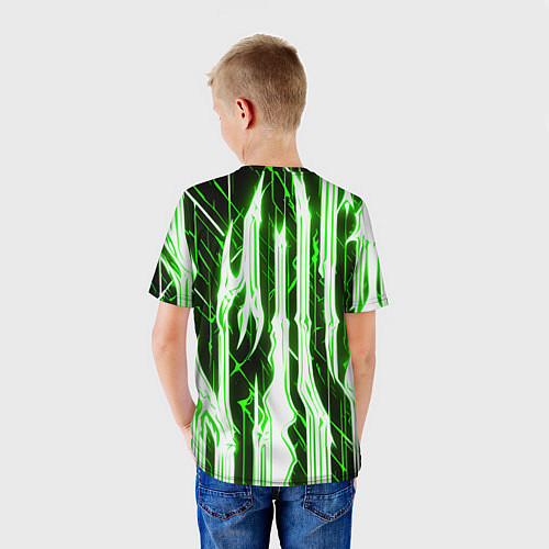 Детская футболка Зелёные неоновые полосы на чёрном фоне / 3D-принт – фото 4