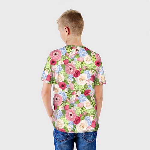 Детская футболка Фон с розами, лютиками и гортензиями / 3D-принт – фото 4