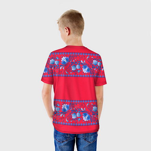 Детская футболка Голубая гжель на красном фоне / 3D-принт – фото 4