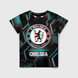Детская футболка Chelsea FC в стиле glitch на темном фоне