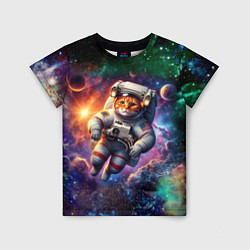 Детская футболка Котик бравый космонавт - неон