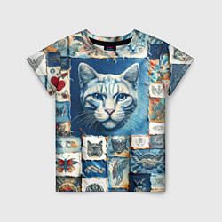 Детская футболка Кошка на дениме - пэчворк