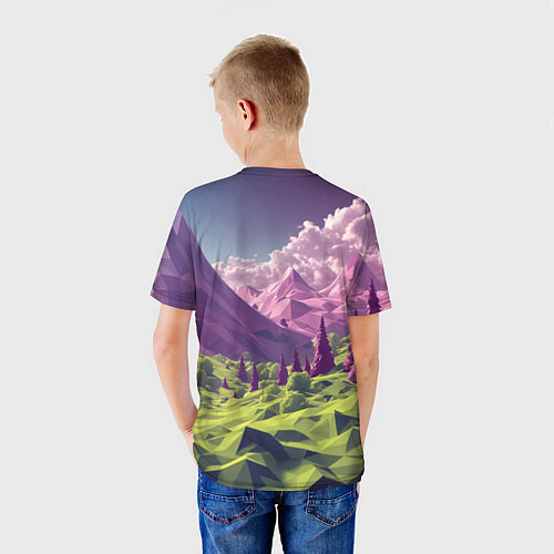 Детская футболка Геометрический зеленый пейзаж и фиолетовые горы / 3D-принт – фото 4