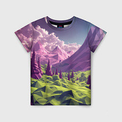 Детская футболка Геометрический зеленый пейзаж и фиолетовые горы