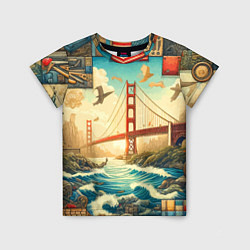 Детская футболка Мост через реку и пэчворк - нейросеть арт USA brid