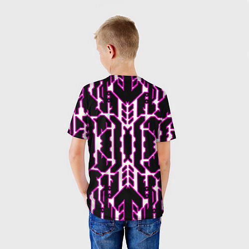 Детская футболка Техно белые линии с розовой обводкой на чёрном фон / 3D-принт – фото 4