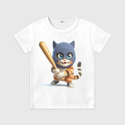 Детская футболка Прикольный котёнок с бейсбольной битой и в балакла